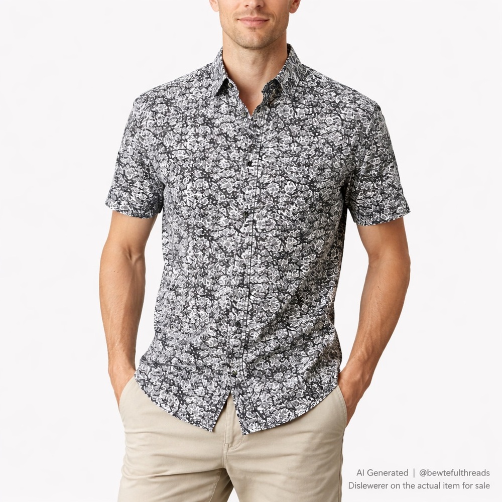 1901 Trim Fit L Black Floral Button Down Shirt Cotton Summer